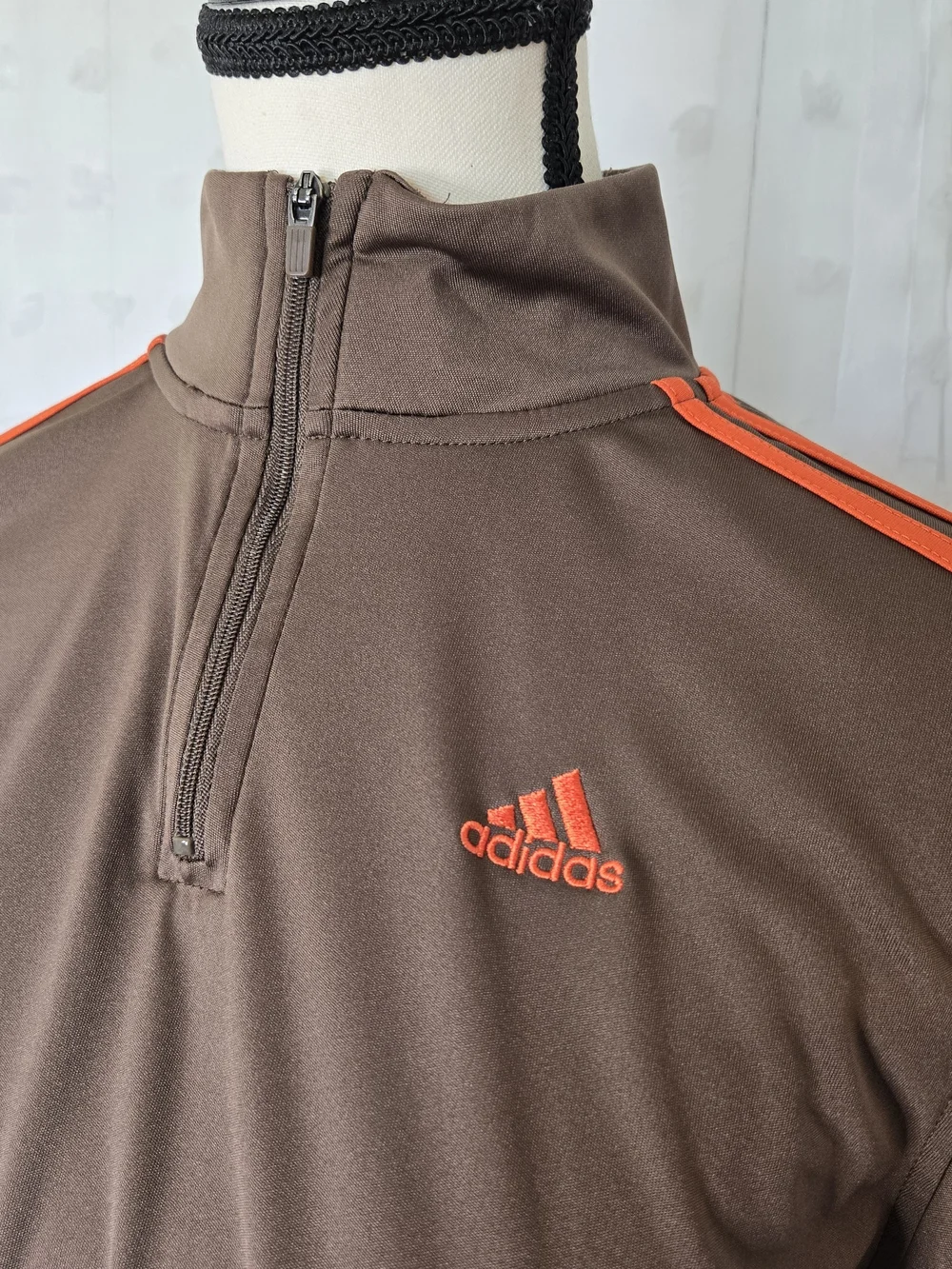 Adidas Boys Brown Quarter-Zip Track Jacket with Orange Stripes